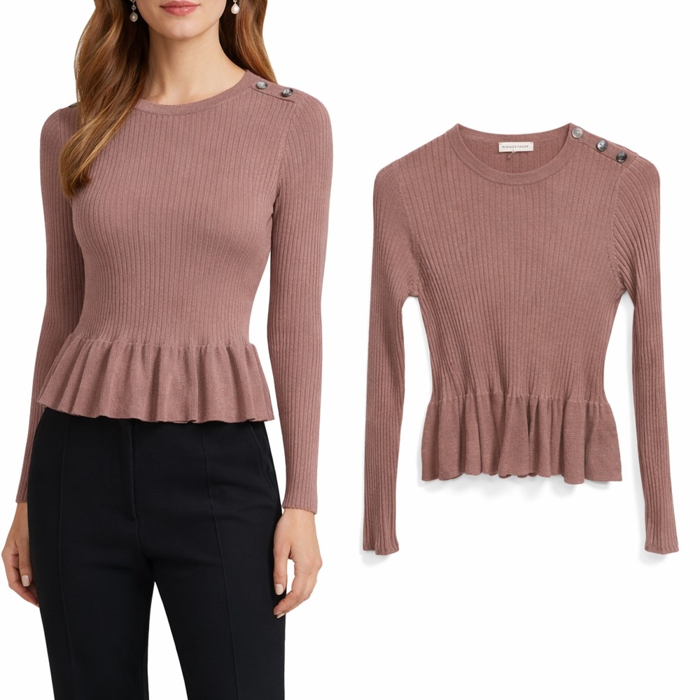 Rebecca Taylor Ribbed‎ Peplum Top Mauve Pink Shoulder Button Detail Small
